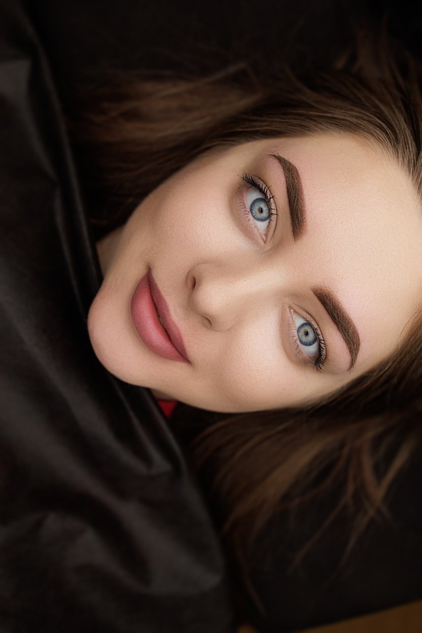 Beautiful brunette poses after permanent eyebrow makeup correcti